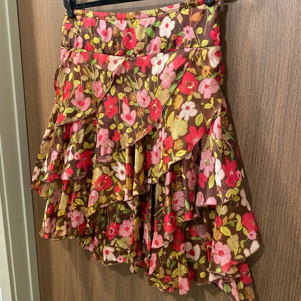 CONTEXT‎ 100% Silk Floral Skirt Size 2 Ruffle Beaded Romantic Flowy Y2K Feminine - Picture 4 of 17